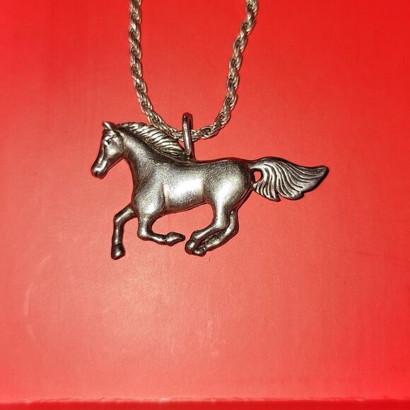 Vintage Sterling Silver Rope Chain Necklace & Running Horse Charm Pendant - Picture 8 of 9